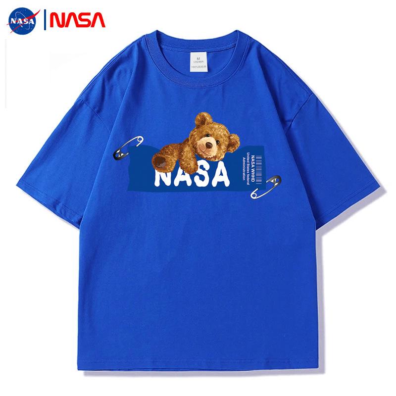 Men's NASA Co-branded Bear Print Crew Neck Cotton T-Shirt - Short Sleeve, Casual Streetwear, Plus Size Available