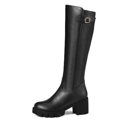 Fashion Black Knee High Boots Women Winter Shoes Buckle Retro Women's High Snow Boot Square Heels Fur Warm Long Tall Shoes Large Size 46