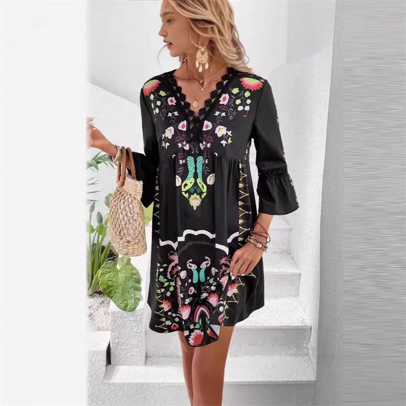 2026 New Fashion Versatile Printed Dress Women s Dress V-neck Design Princess-style Dress Summer Women s Clothing S чёрный