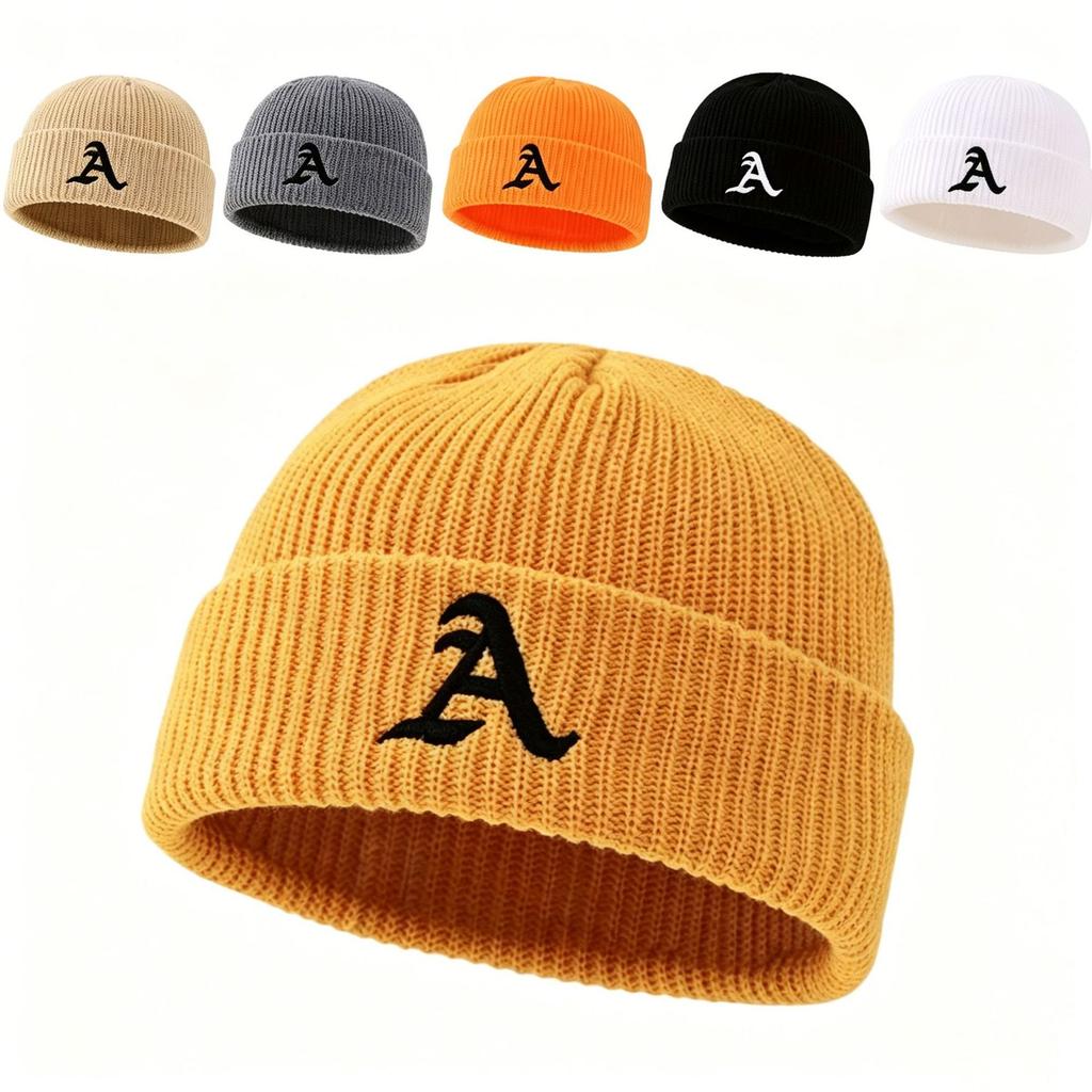 Autumn and Winter A-word Embroidered Knitted Melon Fur Hat, Men's and Women's American Street Short Cold Hat, Flanged Warm Wool Hat
