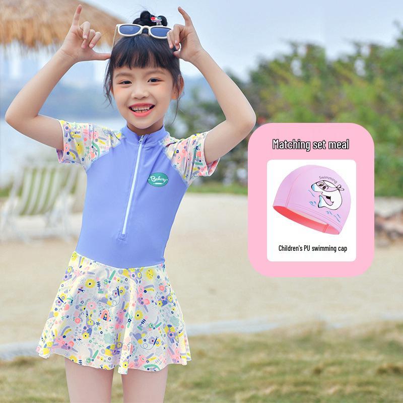 2024 Girls' Cute Skirt-Style One-Piece Swimsuit: Short Sleeve, Sun Protection, Quick-Dry. Sizes for Young To Middle-Aged Kids.