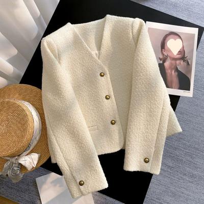 Spring Fall Elegant Cropped Jackets Women Casual V-neck Single Breasted Outerwears  Long Sleeve Short Top