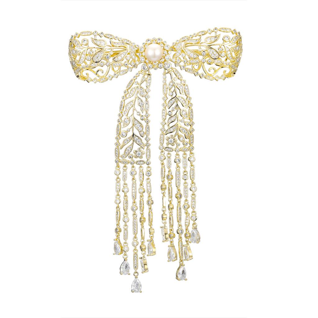 Luxury Tassel Brooch Jewelry Natural Freshwater Pearl Inspired Designer Zirconia Full Paved Bowknot Brooch