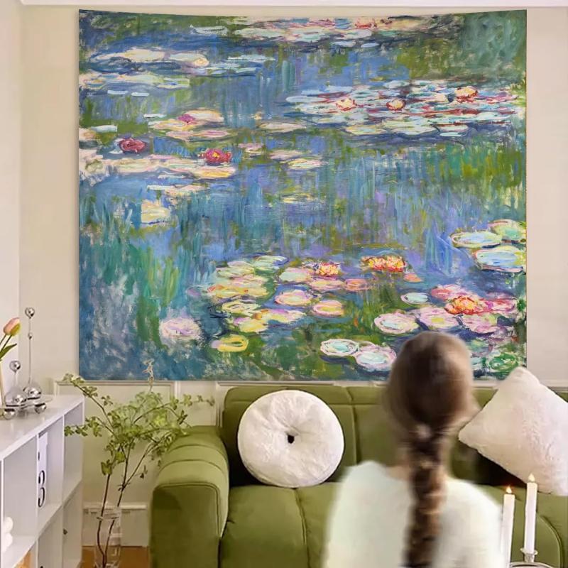 VIKAMA French Impressionist Water Lilies Tapestry Monet Masterpiece Wall Hanging Aesthetic Tapestry For Bed Breakfasts And Cafés