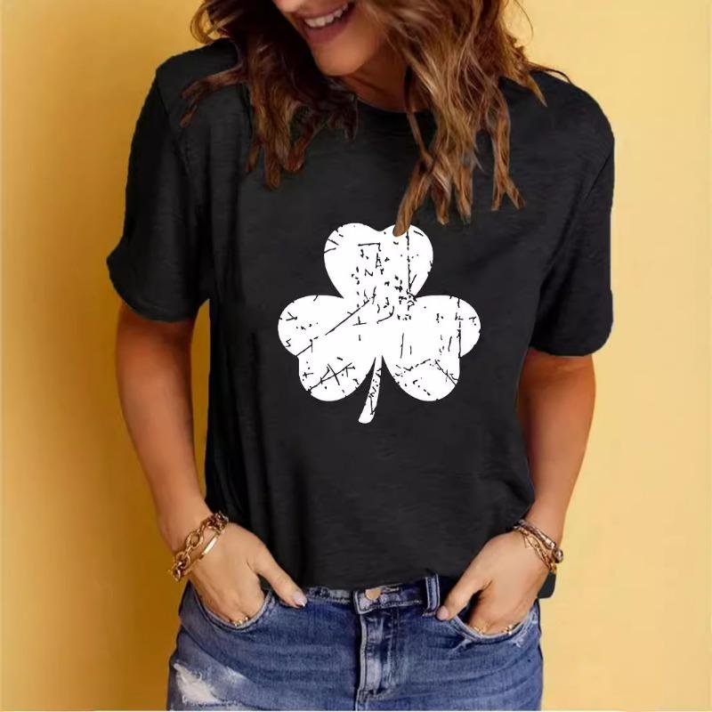 Summer Women's Clover Pattern Printed Round Neck Pure Cotton Short Sleeved T-shirt Casual Fashion T-Shirts Women’s