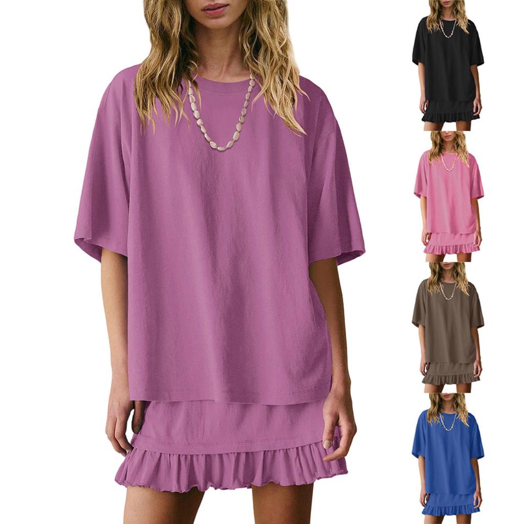 Women's Fashion Solid Color Round Neck Short Sleeved Top And Skirt Two-piece Casual Set