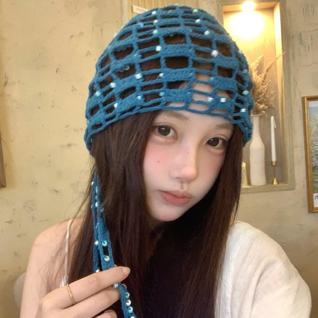 Niche design sense, handmade beaded bag head hat, female fringed hollow pullover hat, travel photo, ethnic style hat