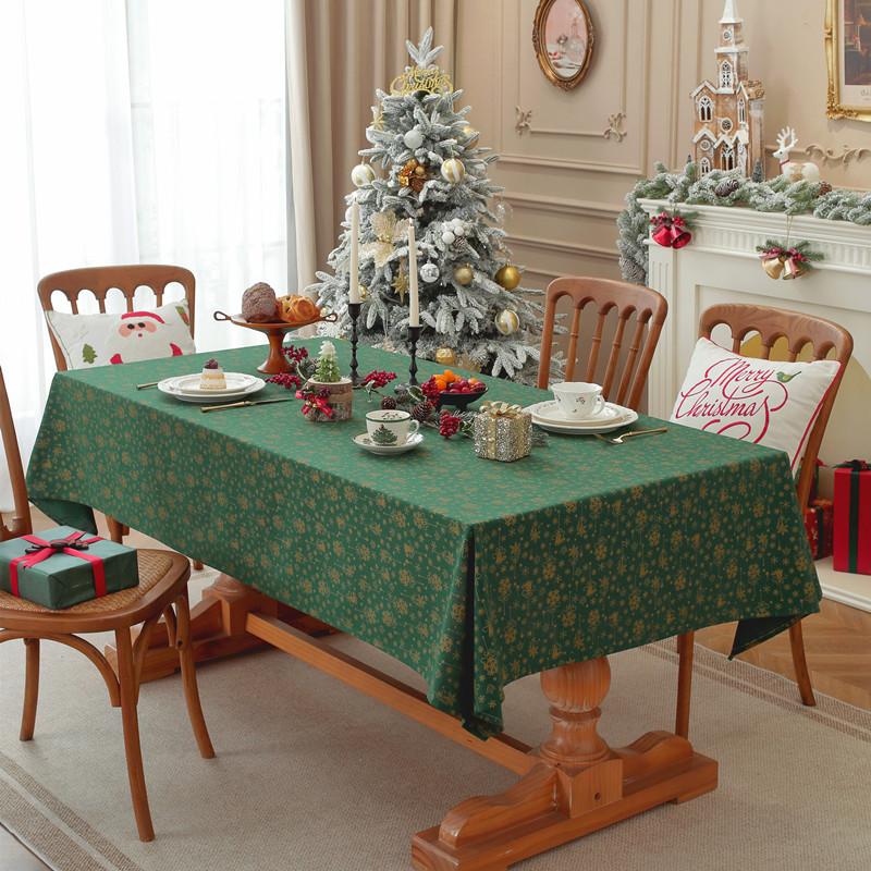 Christmas Green Gold Foil Bells Tablecloth Poly Cotton Blend for Holiday Dining Decor