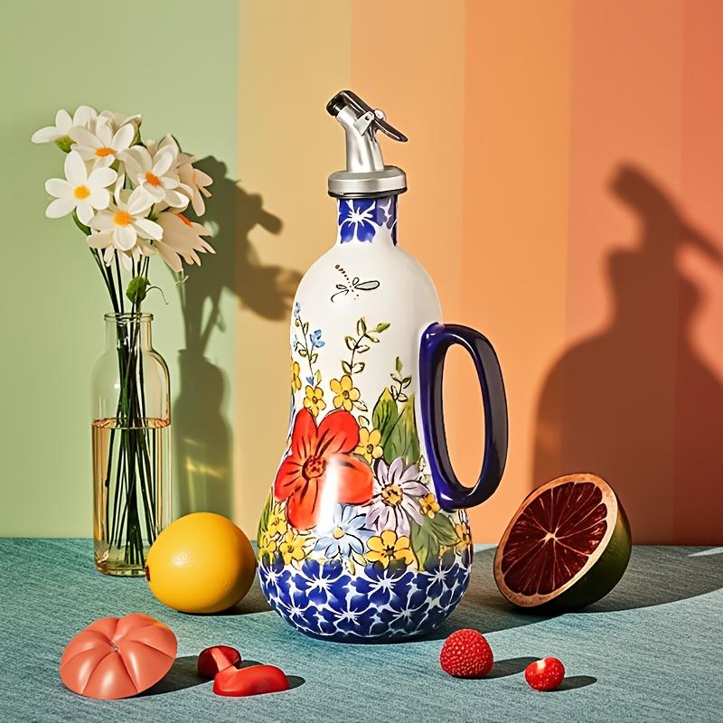 1pc Large Capacity Ceramic Oil Pot, Hand Painted Olive Oil Pump with Handle, Elegant Floral Design, Kitchen Accessories and Decoration for Home