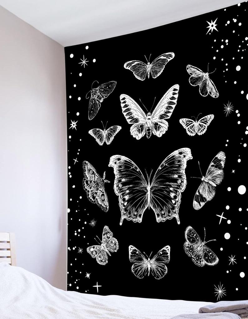 Vlinder Wandtapijt Zwart en Wit Insect Mot Wandkleed voor Slaapkamer Goth Zwarte Esthetiek Wandkunst voor Woonkamer