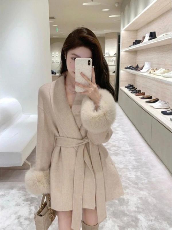Fashion Coats for Women Patchwork Furry Long Sleeve Bandage Outwear Korean Y2k Clothing Korean Temperament Solid Color Jackets