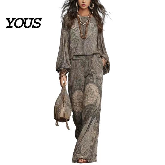 Relaxed Fit Women Outfit Boho Print 2 Piece Sets for Women, Casual Long Sleeve Top Side Pocket Pants Wide Leg Matching Sets, Summer Loose Travel
