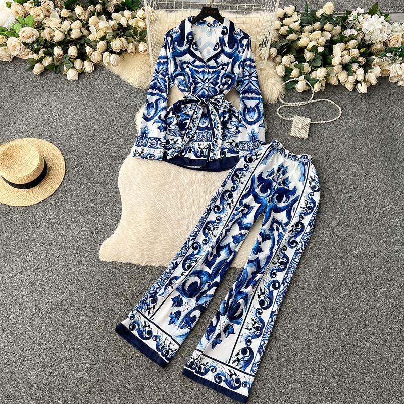 

Western Style Fashion Style Waist-Tight Straight-Leg Trousers Two-piece Set Blue M