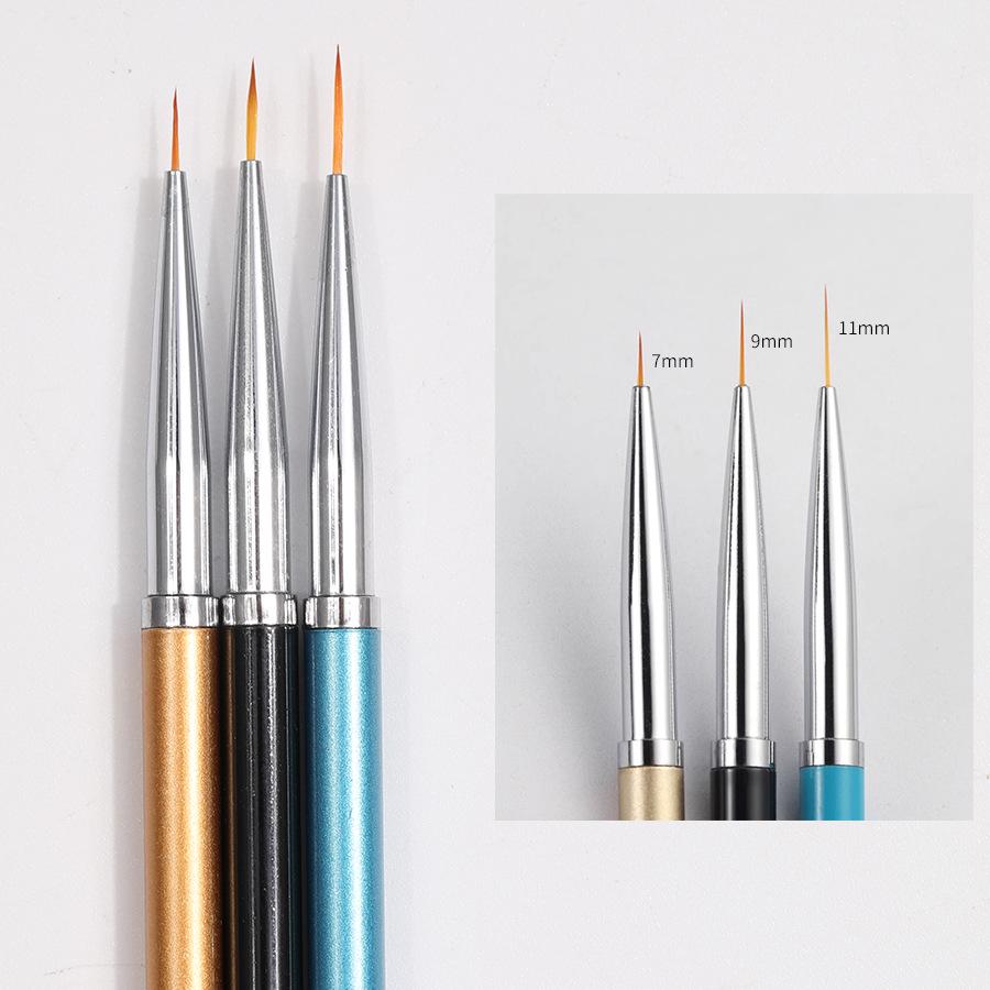 3-Piece Nail Art Fine Liner Brush Set with Metal Handle