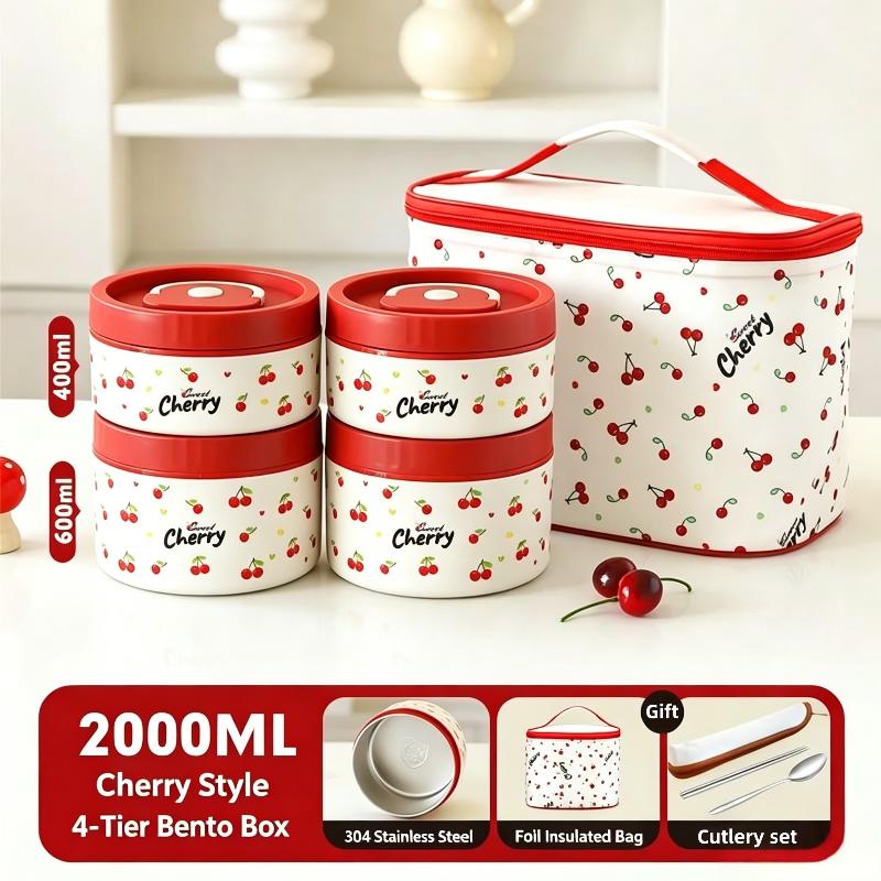Stainless Steel Cherry Print Lunch Box Set with Insulated Bag & Tableware for School Office Picnic