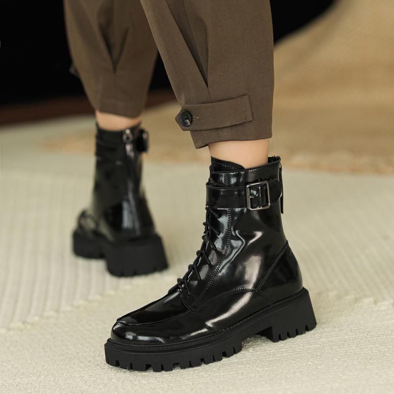 2024 New Winter Genuine Leather Women Boots Fur Warm Boots Snow Boots Zippe Lace-up Platform Boots Black Motorcycle Boots Shoes