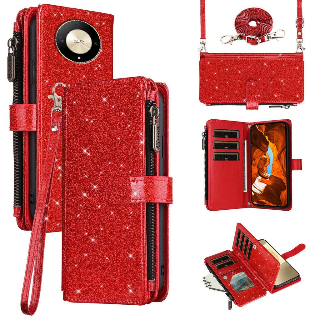 ASUWISH For Honor Magic6 Lite 5G/X9b 5G Case 10 Card Holder Glitter Leather Phone Cover with Crossbody Strap