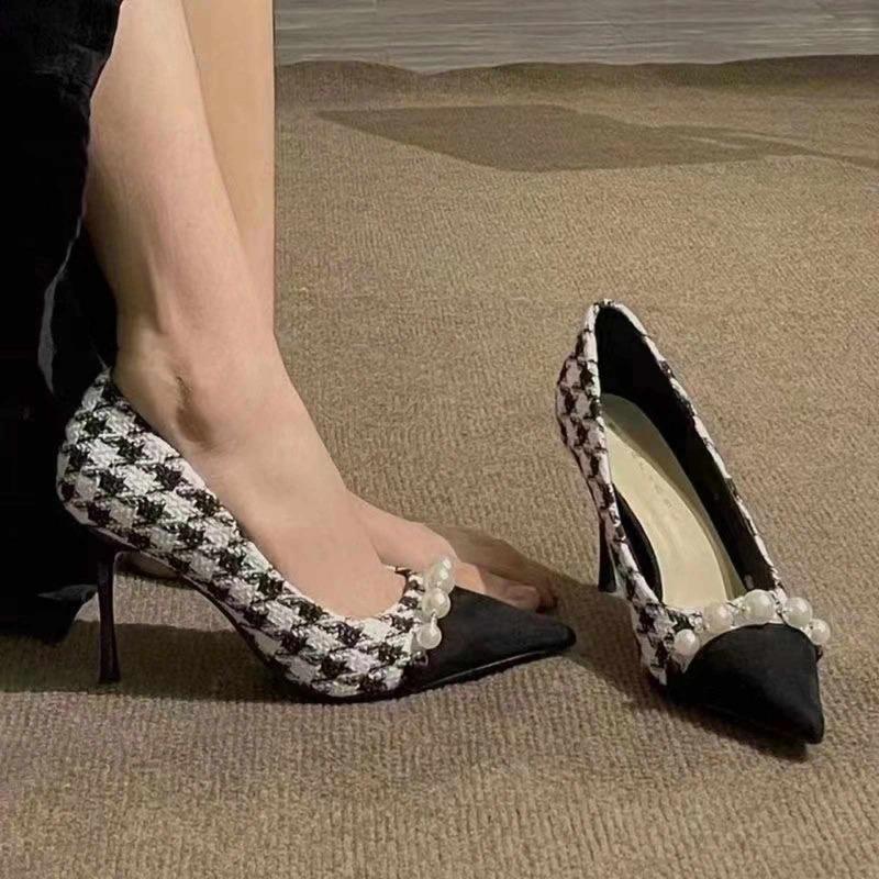 Women's Fashion Slim Heel Shoes Autumn New Pointed Head Shallow Mouth Beaded Matching Color Temperament High Heels