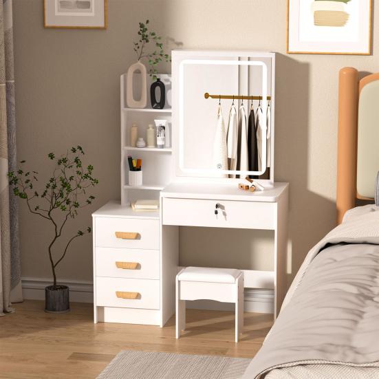 Makeup Vanity Desk with LED Lighted Mirror, Vanity Table with 4 Drawers and Opening Shelves, Bedroom Dressing Table with Stool