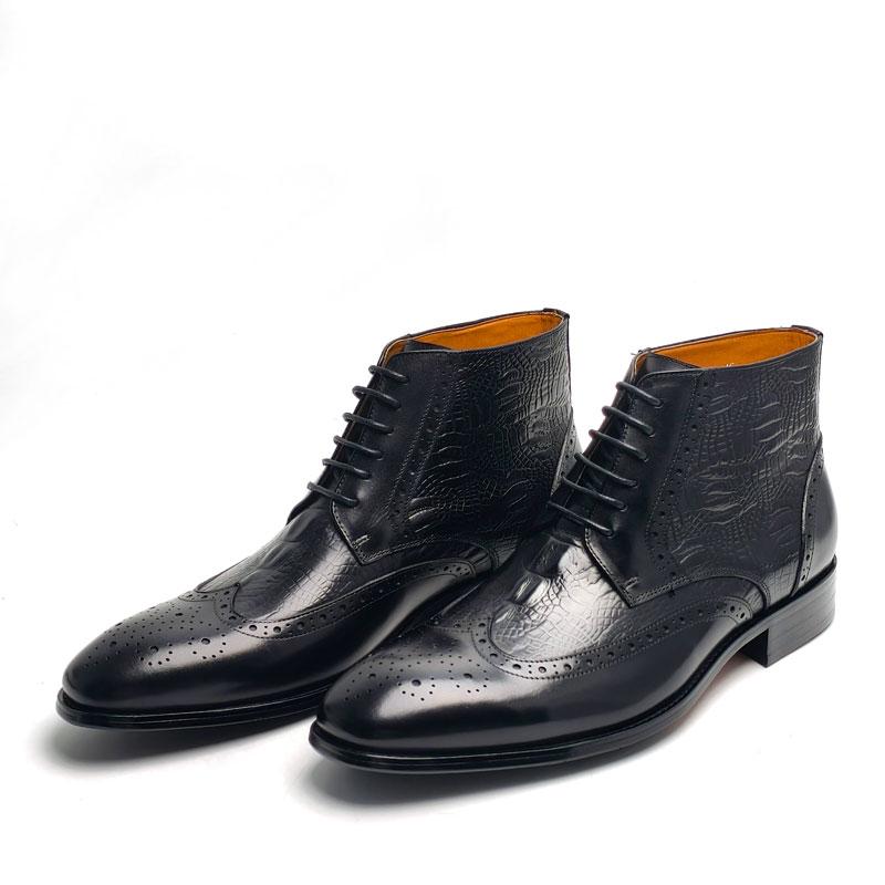 Fashion Luxury Genuine Leather Boots Handmade Retro Printing Shoes Men's Lace Up Top Cow Leather Business Casual Trendy Party Warm Boot