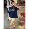 Blue Diagonal Off-shoulder Beautiful Short-sleeved T-shirt Women's Summer New Lazy Style Loose One-word Shoulder Top