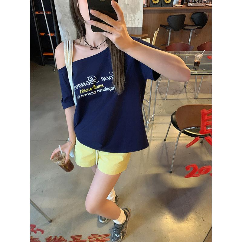 Blue Diagonal Off-shoulder Beautiful Short-sleeved T-shirt Women's Summer New Lazy Style Loose One-word Shoulder Top