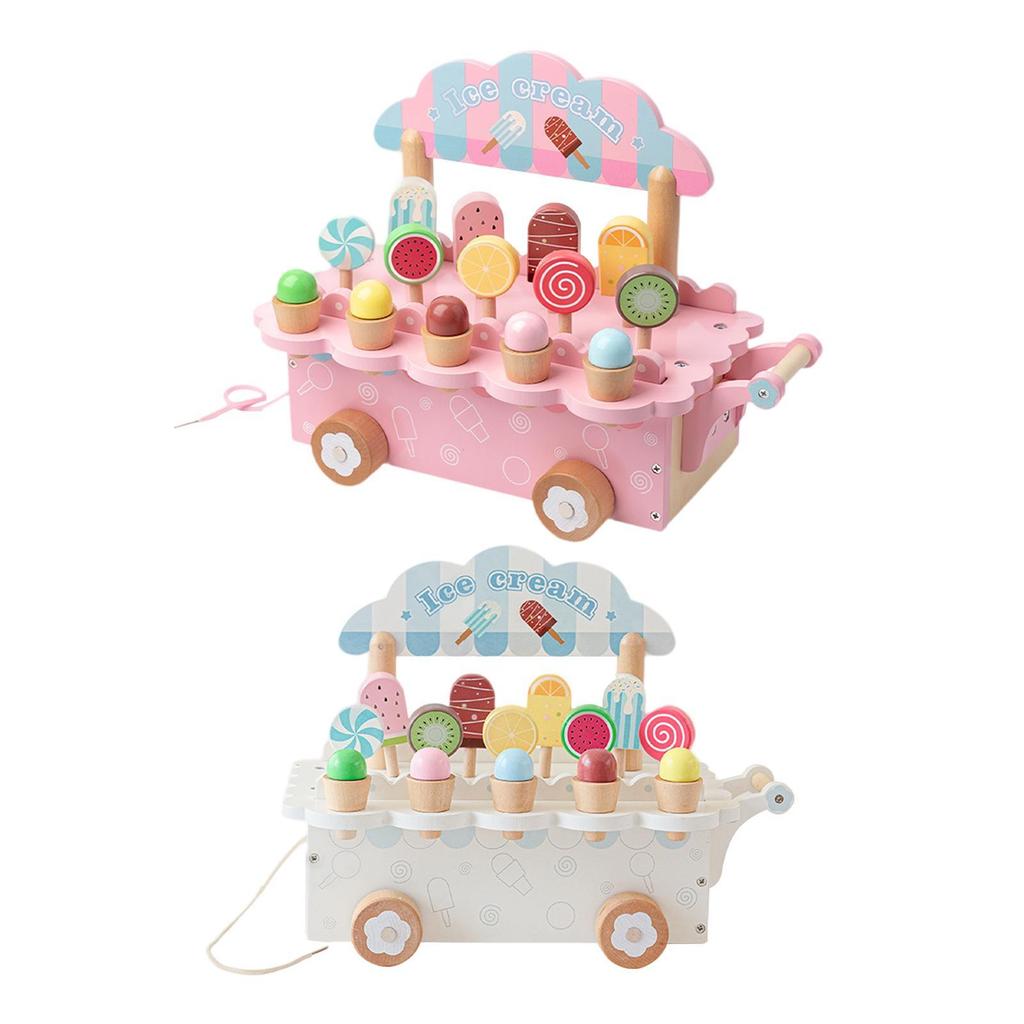 Wooden Ice Cream Cart Playset with Food Accessories for Kids Aged 3-8