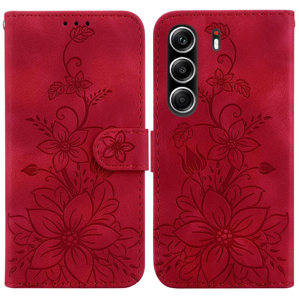 For TECNO Camon 40 Pro 5G/4G Stand Case Lily Flower Imprint Leather Phone Cover with Wrist Strap