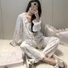 Spring and Autumn Silk Pajamas Women's Cartoon Rabbit Student Loungewear Long Sleeves Long Pants Lace Thin Ice and Snow Silk Suit
