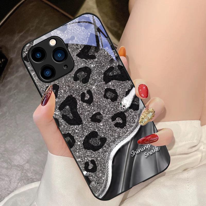 Leopard Sequin Snake For IPhone 16 Pro Max 15 Pro 14 13 12 Mini 11 XS Max XR 7 8 Plu SE 2022 Tempered Glass Phone Case