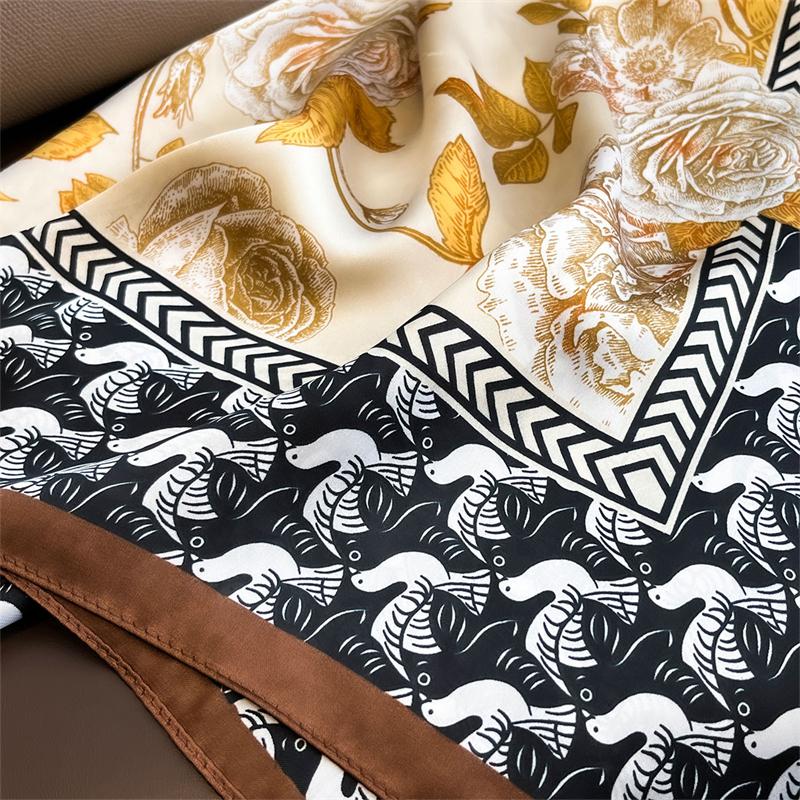70cm Square Designer Gold Rose Print Scarf Women Silk Scarves Luxury Bandana Hijab Neckerchief Shawl Kerchief Hair Band Foulard