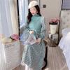 Autumn Sweater Dresses for Women Winter Splicing Pullover Bandage Slim Knitting Dress Sweet Corduroy Floral Print Dress