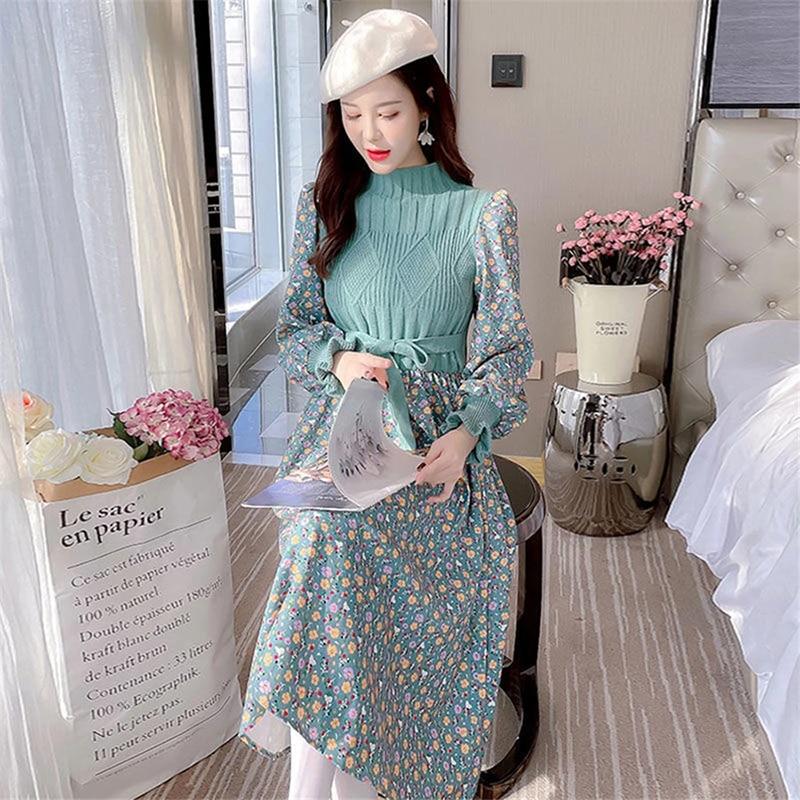 Autumn Sweater Dresses for Women Winter Splicing Pullover Bandage Slim Knitting Dress Sweet Corduroy Floral Print Dress
