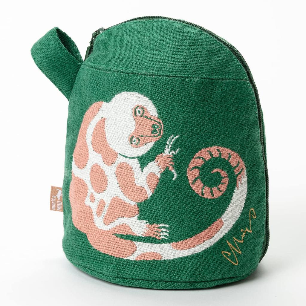 Morita MiW Gusseted Pouch, featuring a design of tree tails and cribs. Green. This adorable, round pouch features a thick, tightly woven fabric with