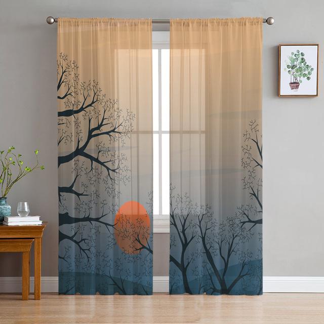 Silhouette von Zweigen, Baum, durchsichtige Fenstervorhänge, Schlafzimmer, moderner Chiffon-Drape, Tüll, Volants, Wohnzimmer, Küche, Voile-Vorhang