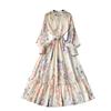 Classy Exquisite Dress Women's Ladies Fashion Elegant Retro Lantern Long Sleeve Waist Trimming Printing French Suit Long Dress
