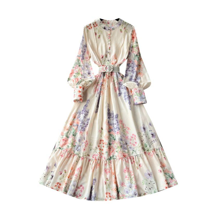 Classy Exquisite Dress Women's Ladies Fashion Elegant Retro Lantern Long Sleeve Waist Trimming Printing French Suit Long Dress
