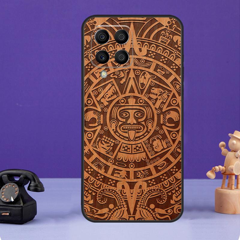 Etui z wzorem kalendarza Majów z drewna do Samsung Galaxy M12 M32 M52 M55 M13 M33 M53 M14 M34 M54 M20 M30s M31s M51 M31 M21