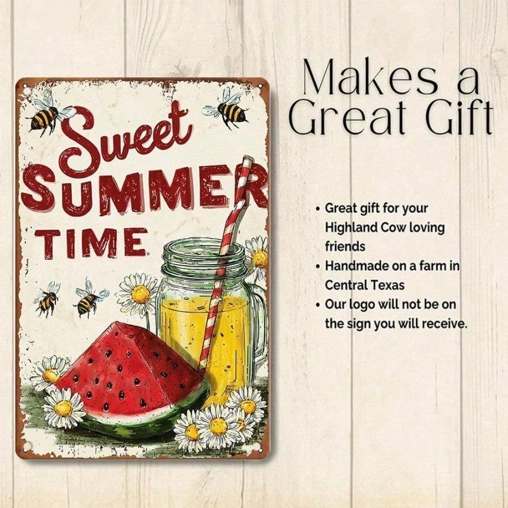1PC Vintage Metal Tin Sign, Sweet Summer Time Retro Watermelon Lemonade Plaque, Sturdy Farmhouse Wall Art, 8x12 Inch