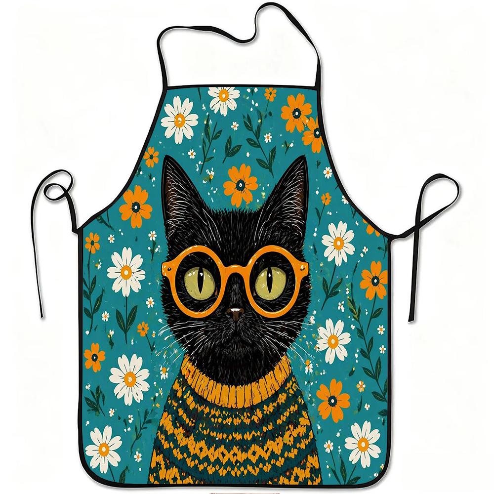 1pc Black Cat with Glasses And Floral Pattern Print Apron, Durable And Easy to Clean, Adjustable Waistband, Polyester Material, for Kitchen Cooking, G