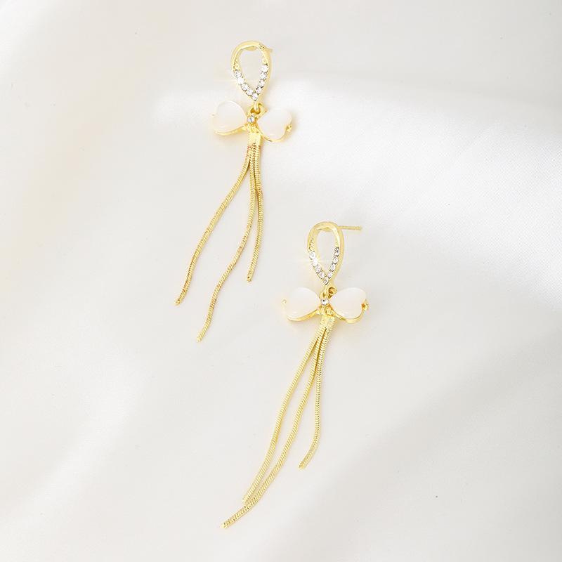 Silver Needle Simple Bowknot Personality Long Heart Tassel Earrings Elegant Gold Women's Earrings High-end Feel