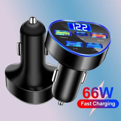 66W PD Car Charger QC3.0 Fast Charging Car Cigarette Lighter Plug 5 Port Car Charger Flash Charge with Digital Display