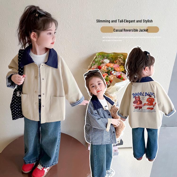 Girls  Reversible Cartoon Windbreaker - Early Autumn Spring Jacket 120cm