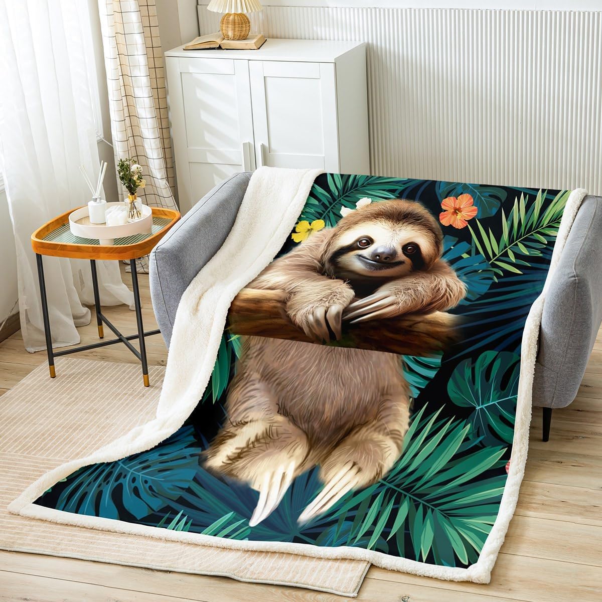Cute Sloth Blanket Soft Fleece Throw Tropical Jungle Design Animal Lover Gift Home Decor Relaxing Theme 75X95CM