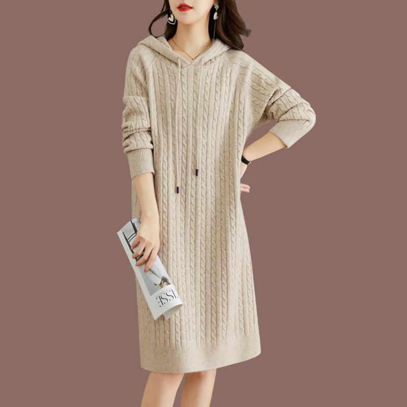 

Hooded Sweater for Women In Autumn and Winter Mid-length Knitted Dress Loose Braided Solid Color Sweater 2XL бежевый