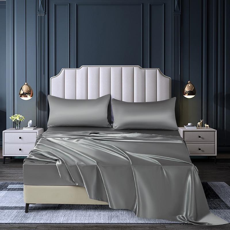 

Summer Satin Silk-like Bed Sheet Set (Flat Sheet + Fitted Sheet + Pillowcase) Solid Color Mattress Cover Twin Full Queen Size US-Twin