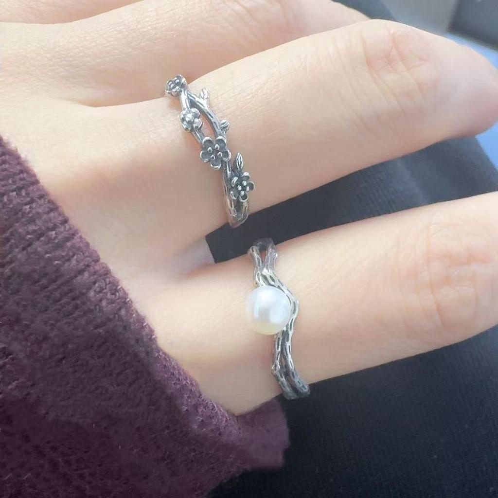 S925 Natural Colored Treasure Retro Thai Silver Ring, Male And Female Couples Ring, Pearl Flower Index Finger Ring, Niche Personality Exquisite