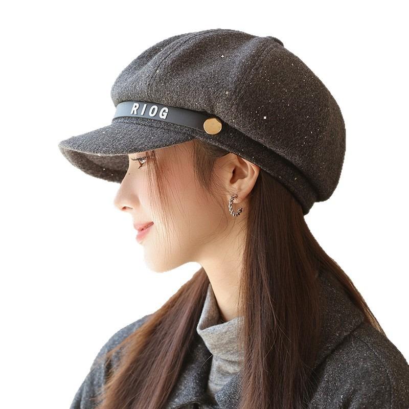 Autumn hat women's big head circumference showing face small octagonal hat retro newsboy hat versatile painter hat
