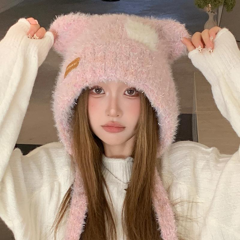 Süße Bärenohren Plüschtasche Hut Damen Winter Warm Ohrschutz Kalt Gestrickte Mütze Großer Kopfumfang Wollmütze