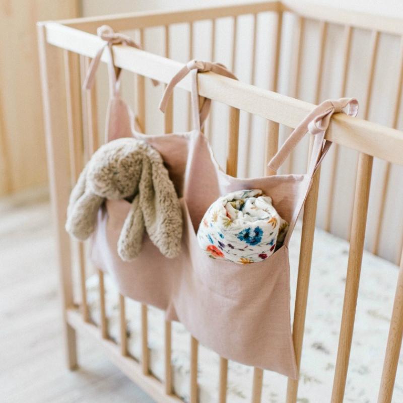 Baby Bedside Hanging Storage Bag Linen 2-Pockets Organizer Bags